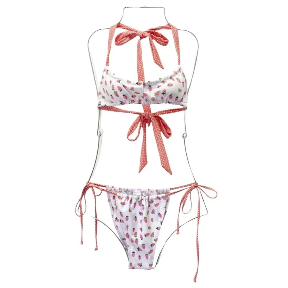 Strawberry Milk Mob Bikini Set M Top Bottom Mix Match Strawberry Print Cheeky